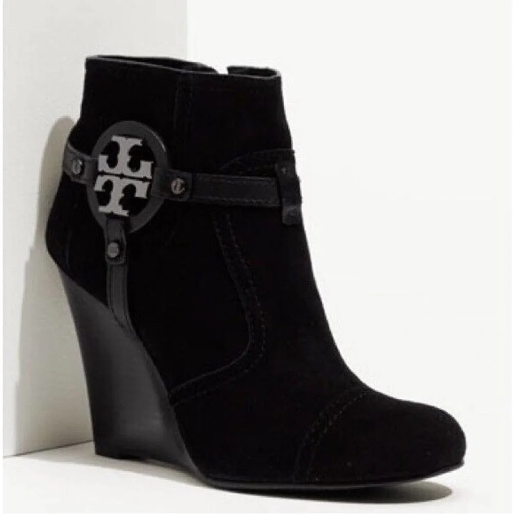 Tory Burch Aaden Black Suede Stacked Wedge Heel Ankle Booties Boots Size 6